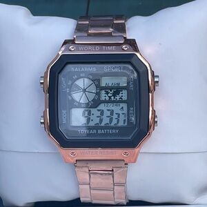 Men’s Rose Gold Digital Sport Watch World Time Alarm Water Resistant